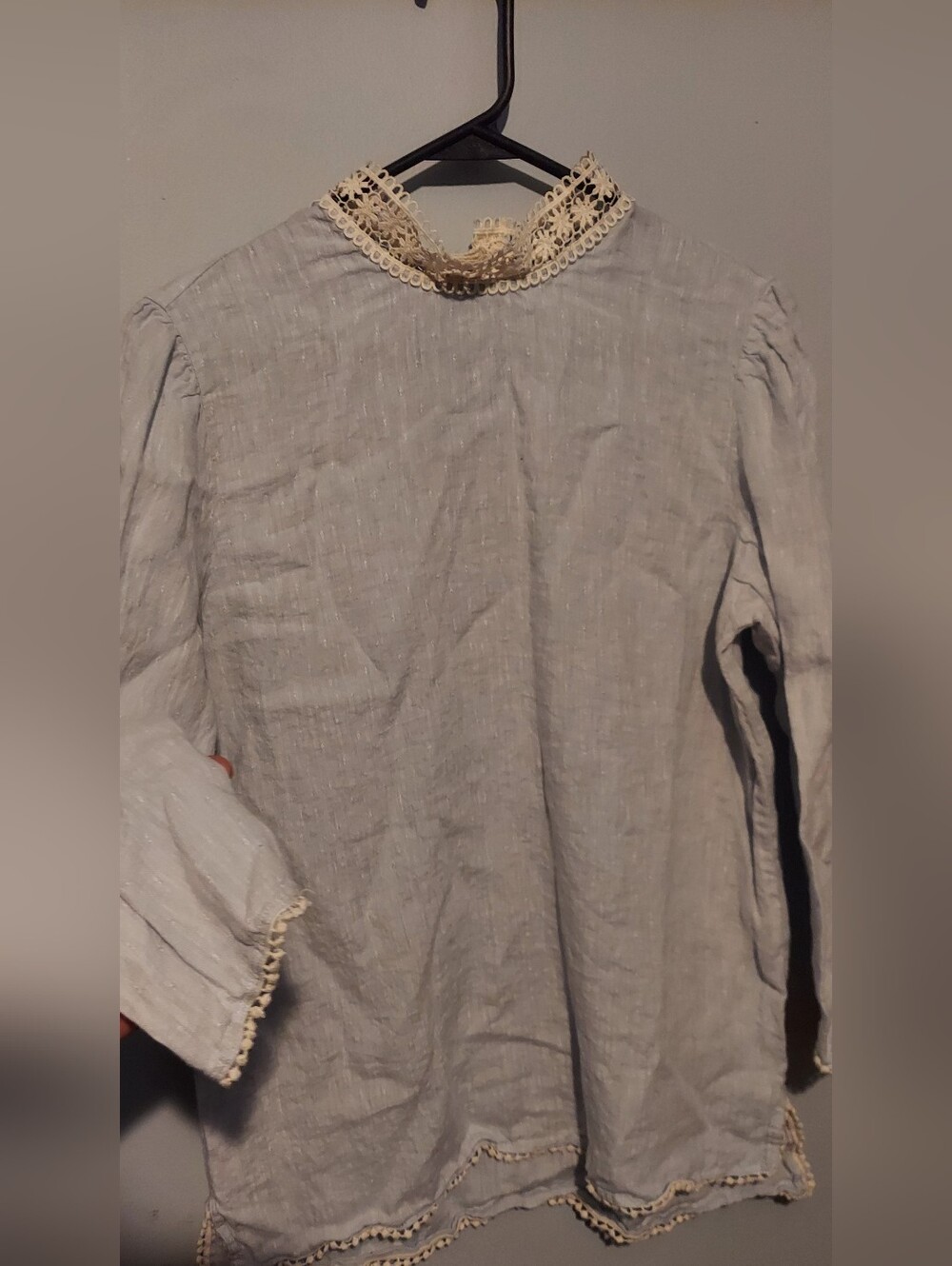Zara Basic 100% Linen Chambray Top Blouse Shirt Small Lace Trim Boho Preppy